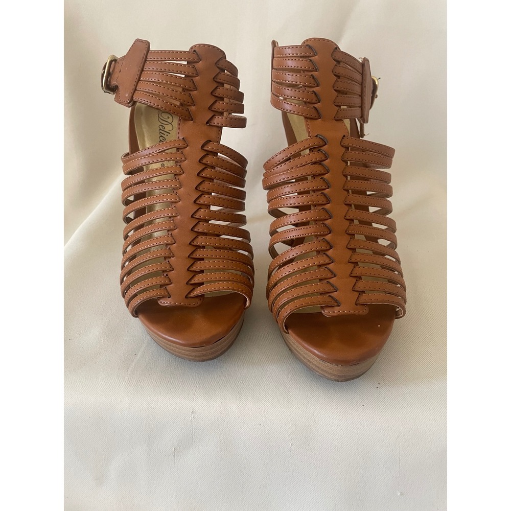 Delicious Cognac Strappy Platform Stiletto Heels Gladiator Sandals Size 8 - Picture 3 of 12